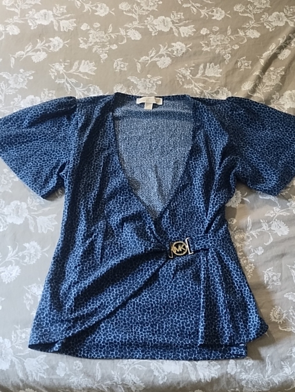 Michael Kors Blue Leopard-Print Wrap Top with MK Buckle